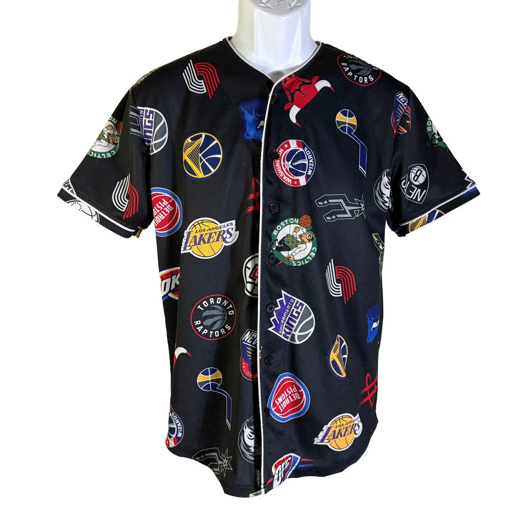 NBA Basketball Jersey Mens Small‎ Black All Over Print Team Logos Button Up